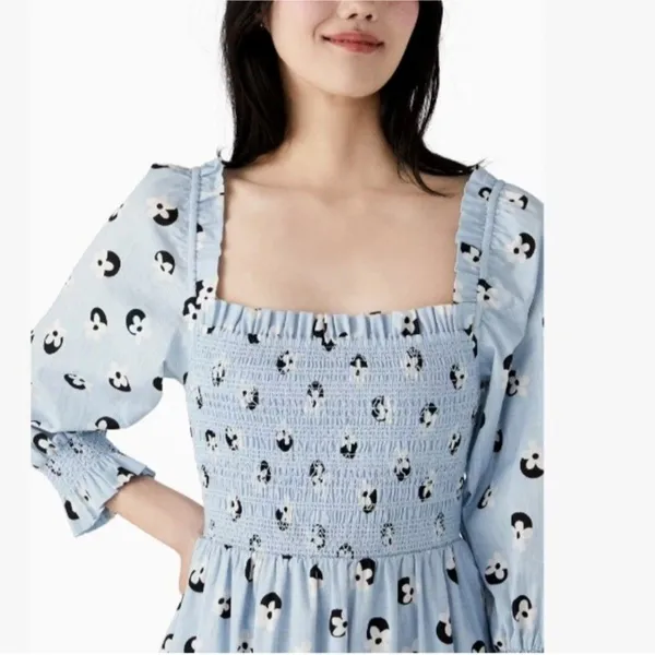 Kate Spade Sz XS Floral Dot Smocked Midi Dress Blue Puff Sleeve NWOT Cottagecore - Image 14
