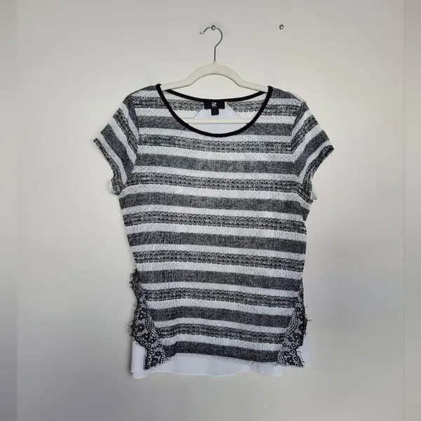 IZ Byer Black White Stripe Mixed Media Blouse Top Lace Knit Semi Sheer Size XL - Image 6