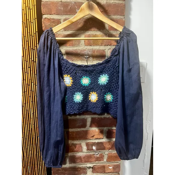 Aerie Navy Crochet Granny Square Puff Sleeve Crop Top XL - Image 2