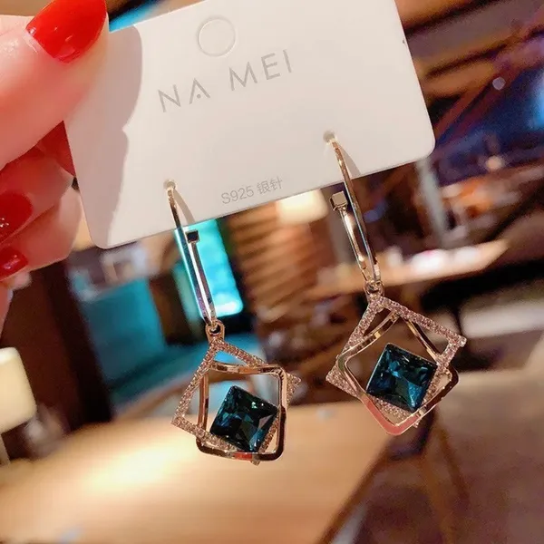 Blue Crystal Square Dangle Drop Earrings for Women Gold - Image 3