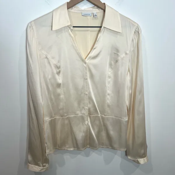 Semantiks Light Cream Stretch Silk Collared Long Sleeve Blouse - Image 2