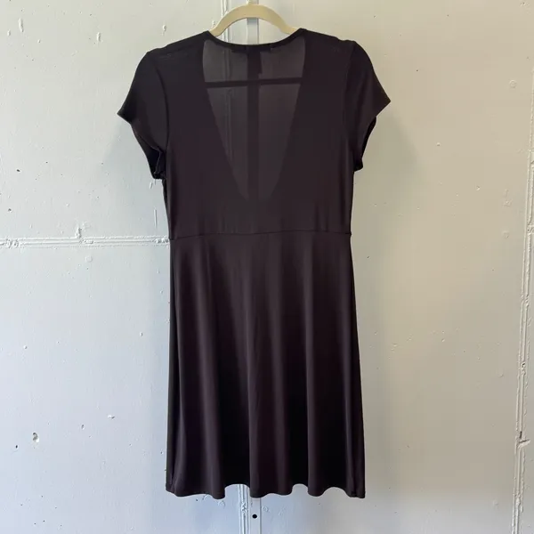 Y2K Anne Klein New York Brown V-Neck Front Tie Short Sleeve Dress Medium 2010s - Image 2