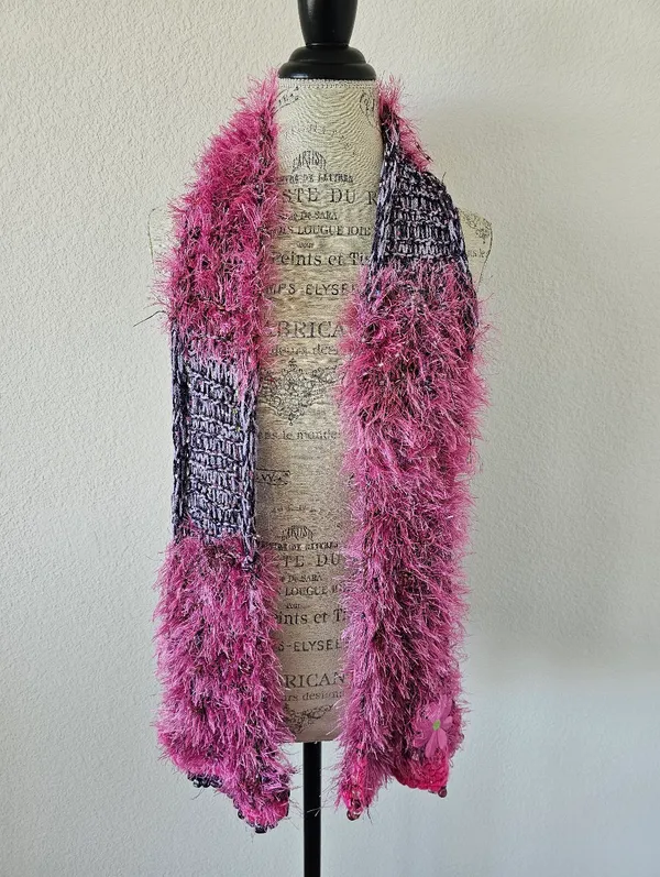 Vintage Y2K Hand Knitted Fuzzy E-Girl Scarf – Pink & Purple Eyelash Yarn Beaded - Image 2