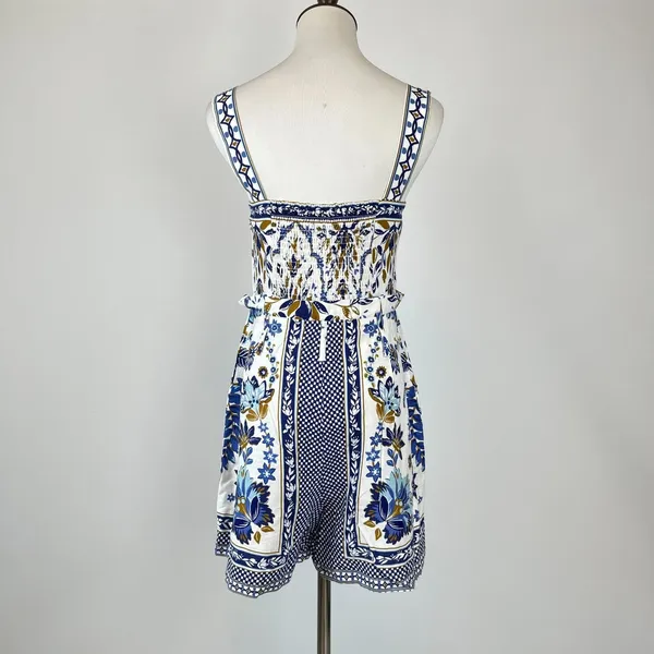 NWOT Farm Rio Linen Blend Floral Print Romper Blue Size S - Image 7