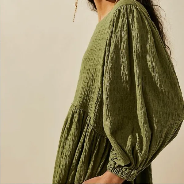 Free People Beach Green Get Obsessed Babydoll Mini Dress Long Balloon Sleeve‎ XS - Image 3