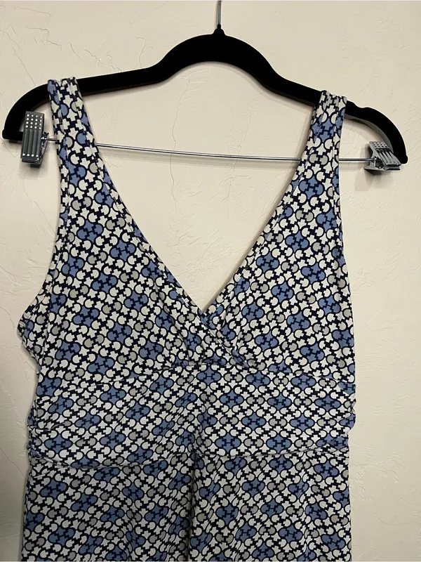 Patagonia Margot Blue White Geometric Jersey Knit V-Neck Sleeveless Dress - Image 3