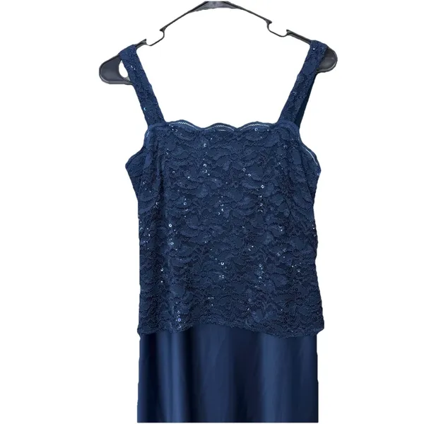 Alex Evenings Navy Blue Lace‎ Glitter Two Piece Jacket Sleeveless Satin Dress 6 - Image 5