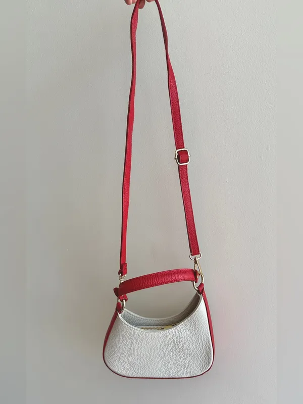 Micro Italian Leather Handbag / Crossbody Bag, Red/White, Mini Halfmoon - Image 7