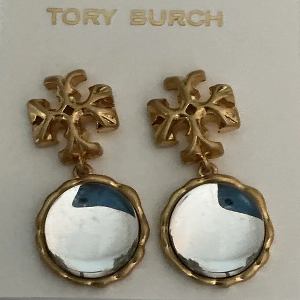 Tory Burch NWT Gold Logo Drop Earrings Clear Stone Dangle - Image 2