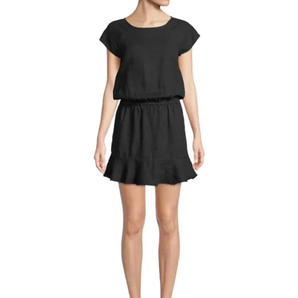 Joie Quora Black Linen Blouson Mini Dress‎ Womens Medium Cap Sleeve Ruffle Hem - Image 2
