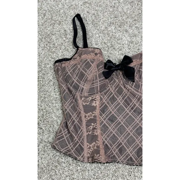 Y2K dELiA*s Dolls Kill Plaid Mesh Lace Bustier Corset Top Schoolgirl Goth Bow M - Image 4