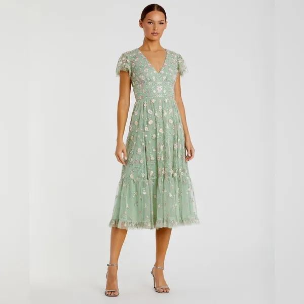 Mac Duggal Green Multicolor Embroidered V Neck Cap Sleeve Midi Dress 35104 - Image 3