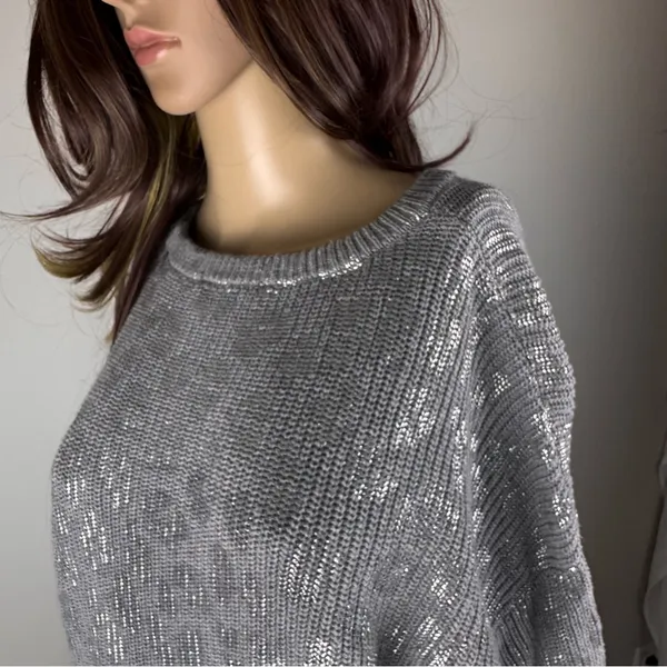 DKNY Jeans 100% Cotton Gray & Metallic Silver‎ Animal Print Size L Crew Sweater - Image 6