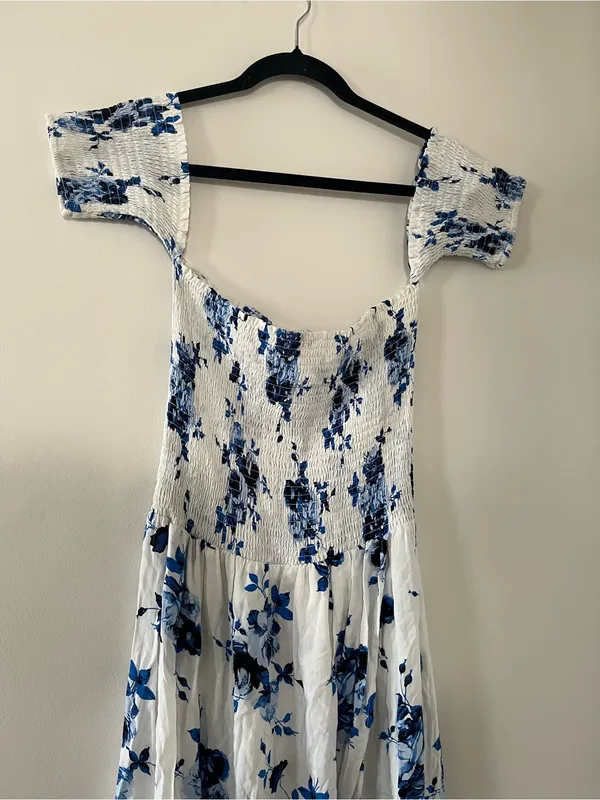 Altar'd State Blue White Floral Smocked Maxi Dress Medium Coastal Euro Summer - Image 2