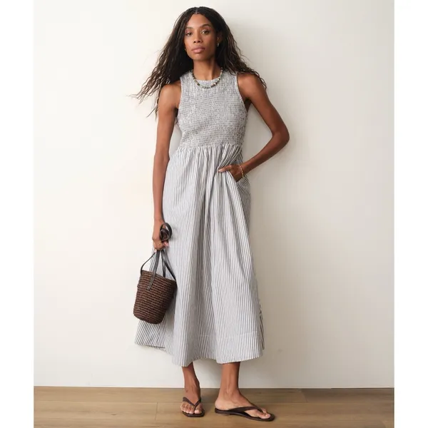 Marine Layer Darcy Smocked Poplin Dress M Pima Cotton NWT Navy Stripe - Image 3