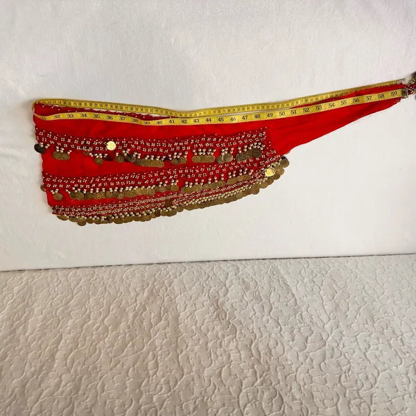 Belly Dance Costume Size M-L Red Golden Coins Halter Top & Hip Scarf - Image 6