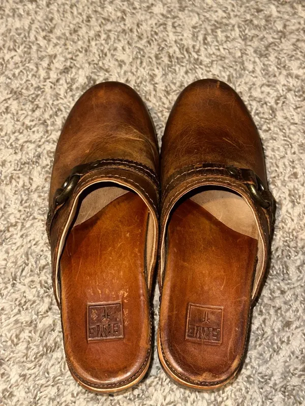 Frye Brown Distressed Leather Studded Clogs with Ring Strap - Image 10