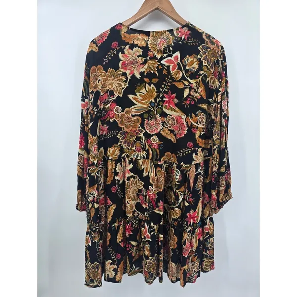 Zara Dress Womens Small Tiered Babydoll Black Floral V-Neck Boho EUC - Image 3
