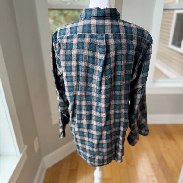 Vintage Lands End Tan Green Purple Plaid Wool Cotton Button Down Flannel Shirt M - Image 4