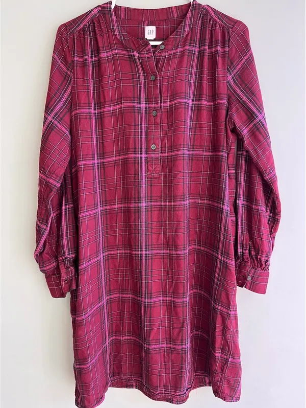 GAP Burgundy Plaid Flannel Long-Sleeve Shirt Dress Size M Fall - Image 2