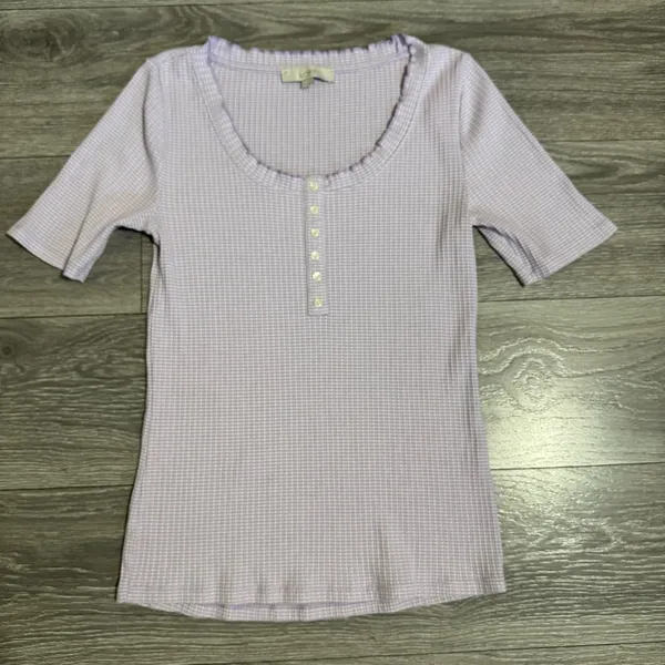 LOFT Women Lilac‎ Y2K Textured Waffle Scoopneck Pointelle Ruffle Henley Top Sz L - Image 8