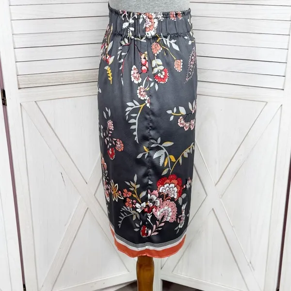 Loft Floral‎ Satin Faux Wrap Scarf Skirt Grey Coral Medium - Image 3