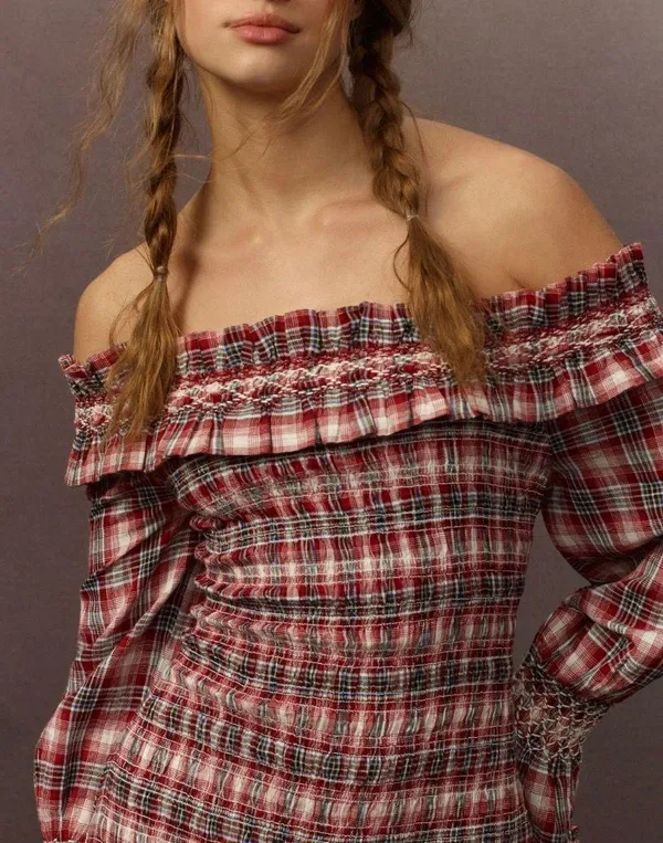 Pilcro Smocked Plaid Mini Dress, Size L - Image 8