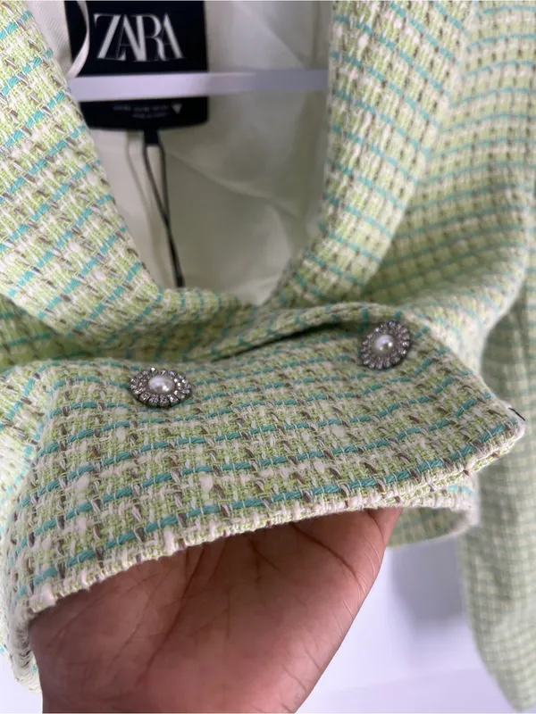 ZARA NWT Green Tweed Cropped Blazer Pearl Buttons Size XS - Image 9