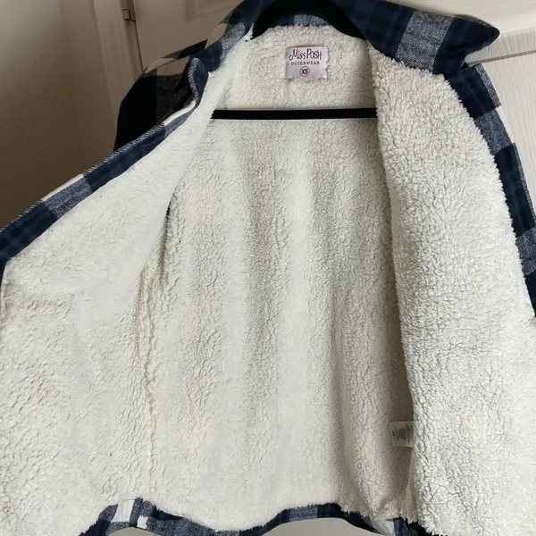 Miss Posh Navy Blue White Plaid Sherpa Lined Shacket Jacket XS - Image 6