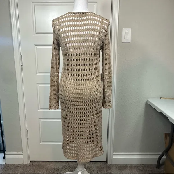 Zara Classic Open Knit Boho Crochet Lined Midi Length Dress in Tan Size Medium - Image 5