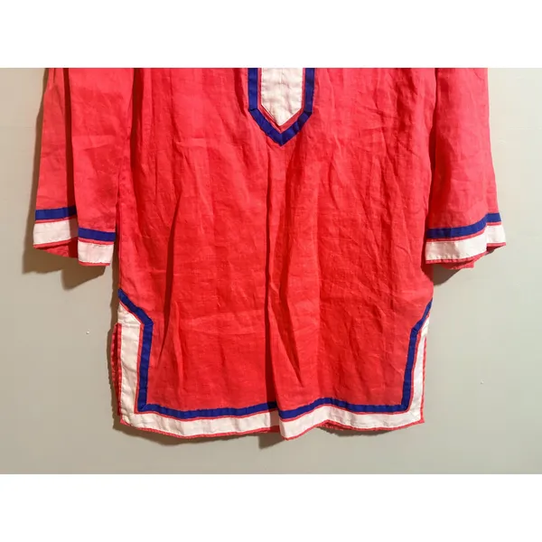 Boden‎ Linen Tunic Womens 6 Coral Pink Excellent Split V-Neck Contrast Trim Top - Image 6