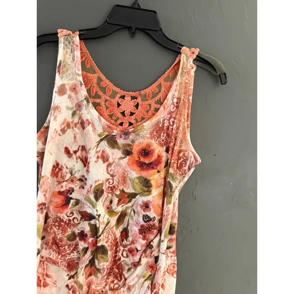 Y2k Fairy Floral Crochet Lace Trim Sleeveless Top Orange Red Rhinestone Large - Image 3