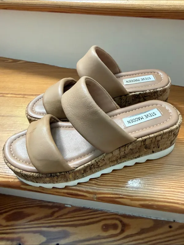 Steve Madden Tan Double-Strap Cork Platform Slides - Image 2