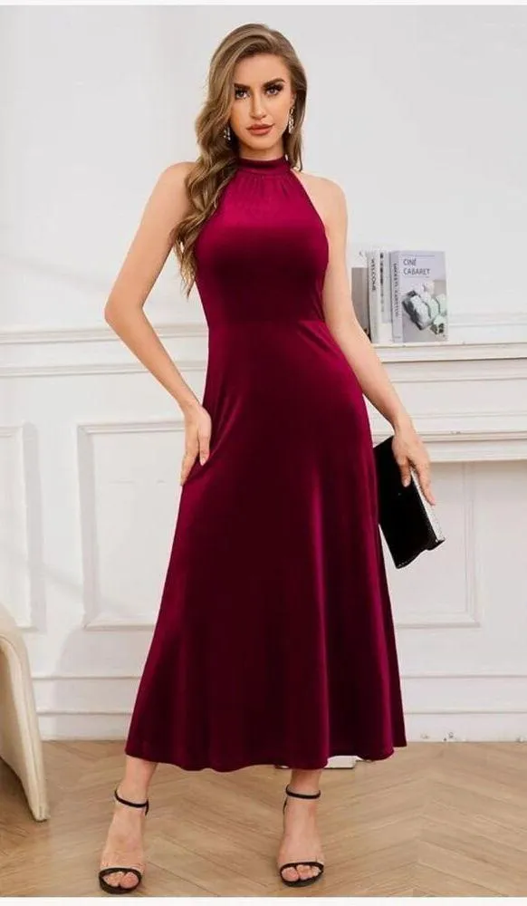 NEW Wine Red Halter Velvet Maxi Cocktail Formal Prom Bridesmaid Dress 2X - Image 6