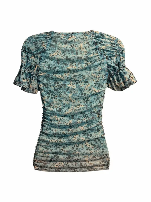 Anthropologie Floral Romantic Boho Shirred Mesh Ruched Stretchy Top Size XS - Image 5