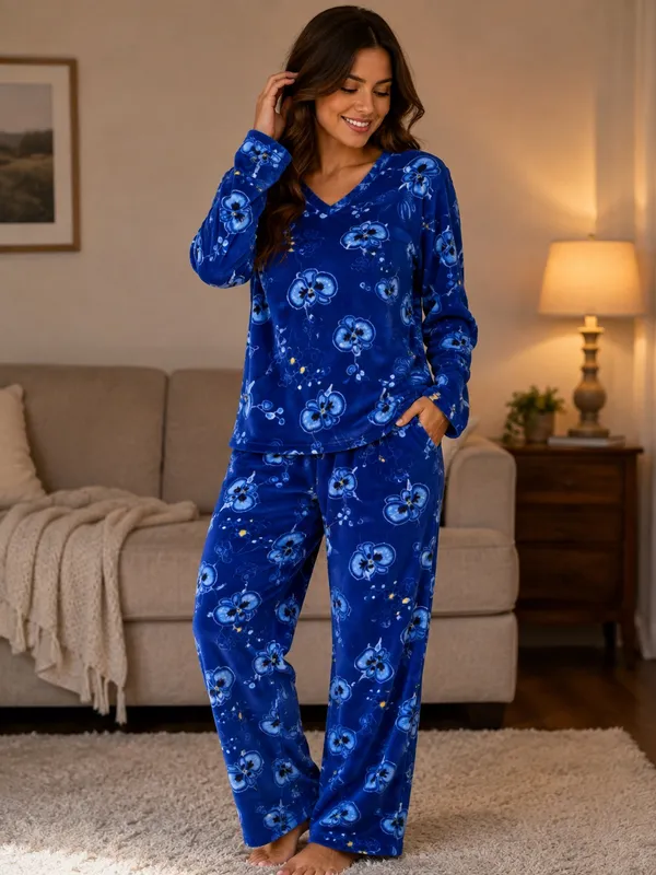 Mayfair Group Micro fleece Plush V-Neck Floral Pajama Set - Royal Blue - Image 2