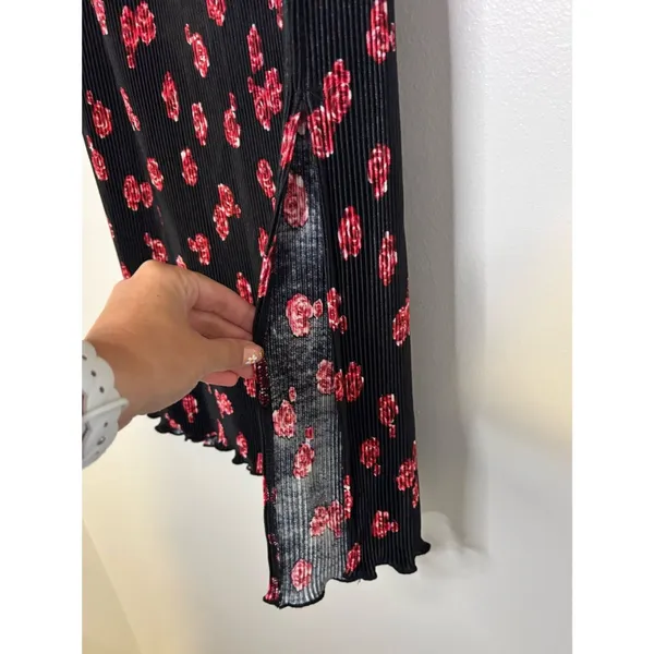 Black Midi Skirt with Red and Pink Floral Print Size Medium - Image 3