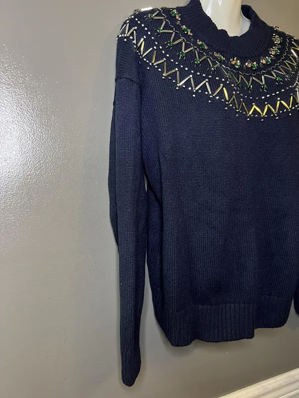 Talbots Sweater Womens Large Blue Mock Neck Beaded Jewel Yoke Knit Pullover - Image 4