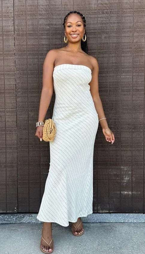 Striped Beige Midi Dress - Image 5