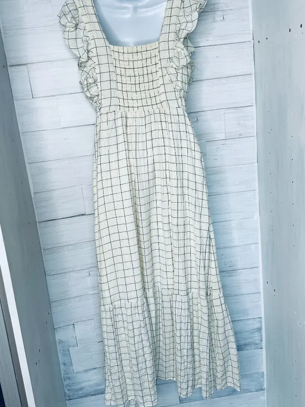 Evereve Window Pane Maxi Checkered Cream and Navy Sleeveless Dress Size Small - Image 4