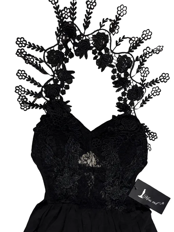 Floral Lace Halter Maxi Dress - Black - Image 2