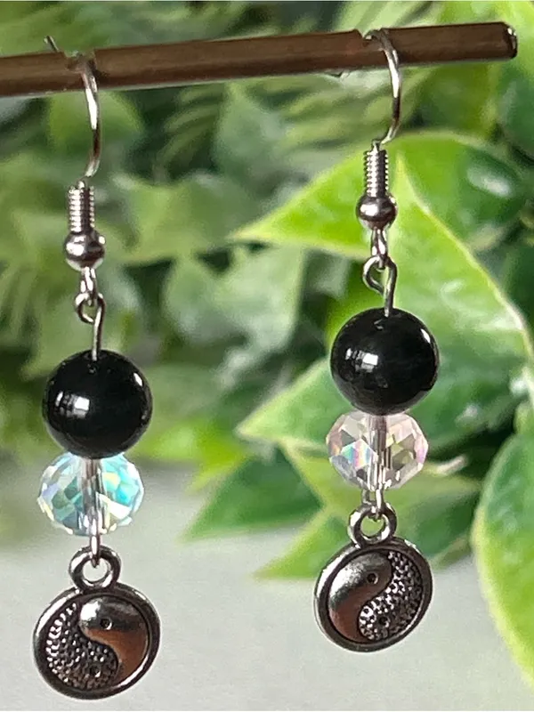 Handmade black obsidian and silver Yin Yang Dangle Earrings - Image 2