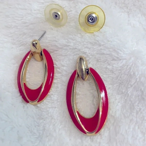 Y2K Vintage Red Enamel Oval Hoop Dangle Earrings - Image 9