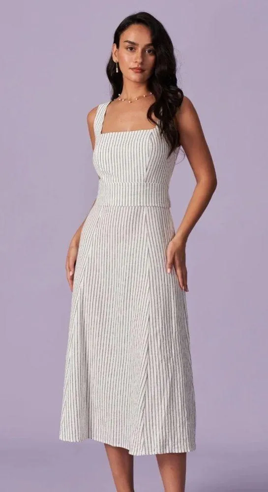Rihoas White Square Neck Striped Midi Dress Size L - Image 4