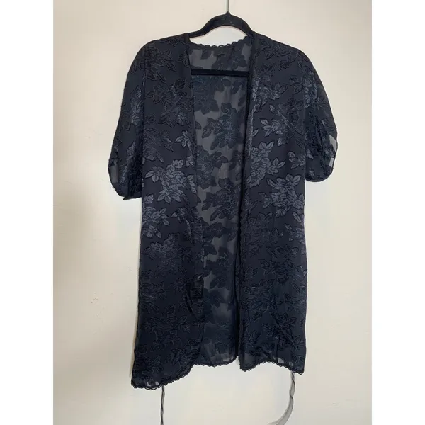 Vintage Black Satin Robe Floral Semisheer Fabric Sz Medium Dressing Gown - Image 5