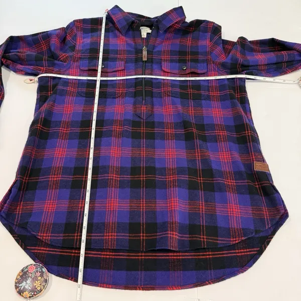 LL Bean Purple Scotch Plaid 1/4 Zip Cotton Flannel Shirt Relaxed MEDIUM - Image 5