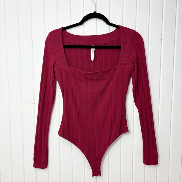 Free People Intimately Wine Red Long‎ Sleeve Beside Me Ribbed Thong Bodysuit S - Image 2