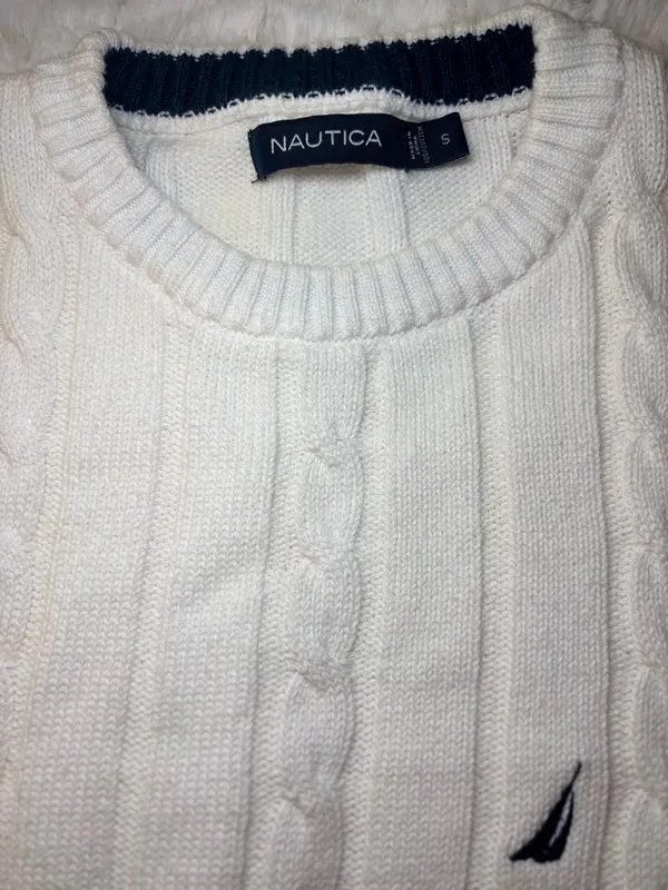 Nautica Cream Cable-Knit Crewneck Sweater with Navy Logo - Image 2