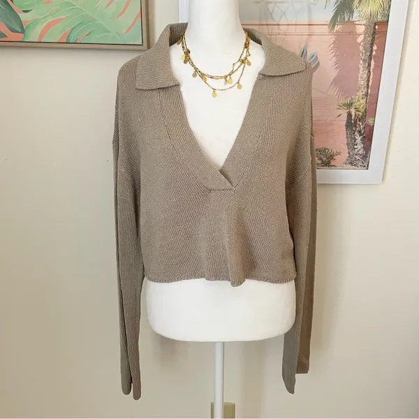 Meshki Carlota Collared Knit Cropped Jumper Sweater in Taupe Size Medium - Image 3