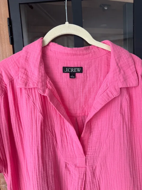 J Crew muslin dress V-neck shirtdress soft gauze Tea Rose splice short sleeve - Image 3